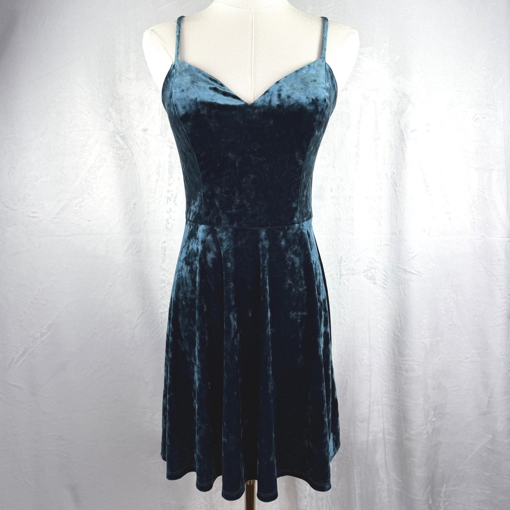 Teal Crushed Velvet Strappy Back Mini Dress Soft Grunge Dark Fairy Size Medium